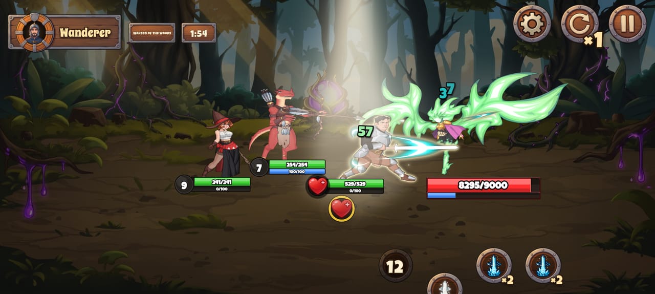 A battle on map 1-10: Aiden swings his sword, Weppy aims her bow, and Shiante, Warden of the Forest, circles above them; spell cards wait in the corner.