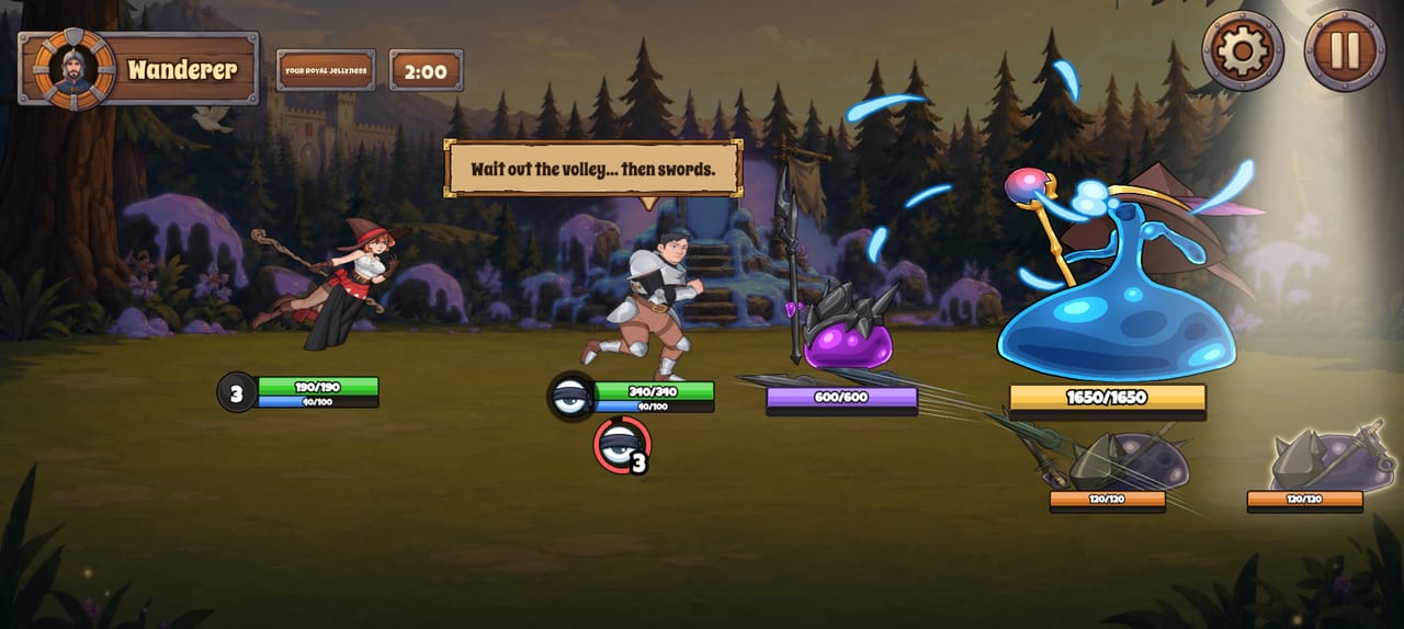 The tutorial boss fight: Aiden and Lucy face Flynn the Slime King while ninjas from his guard throw kunai across the clearing.