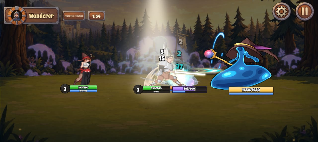 Aiden casts a spell against Flynn the Slime King, surrounded by a bright aura, with Lucy behind him. Colourful health bars and status icons appear below the characters.