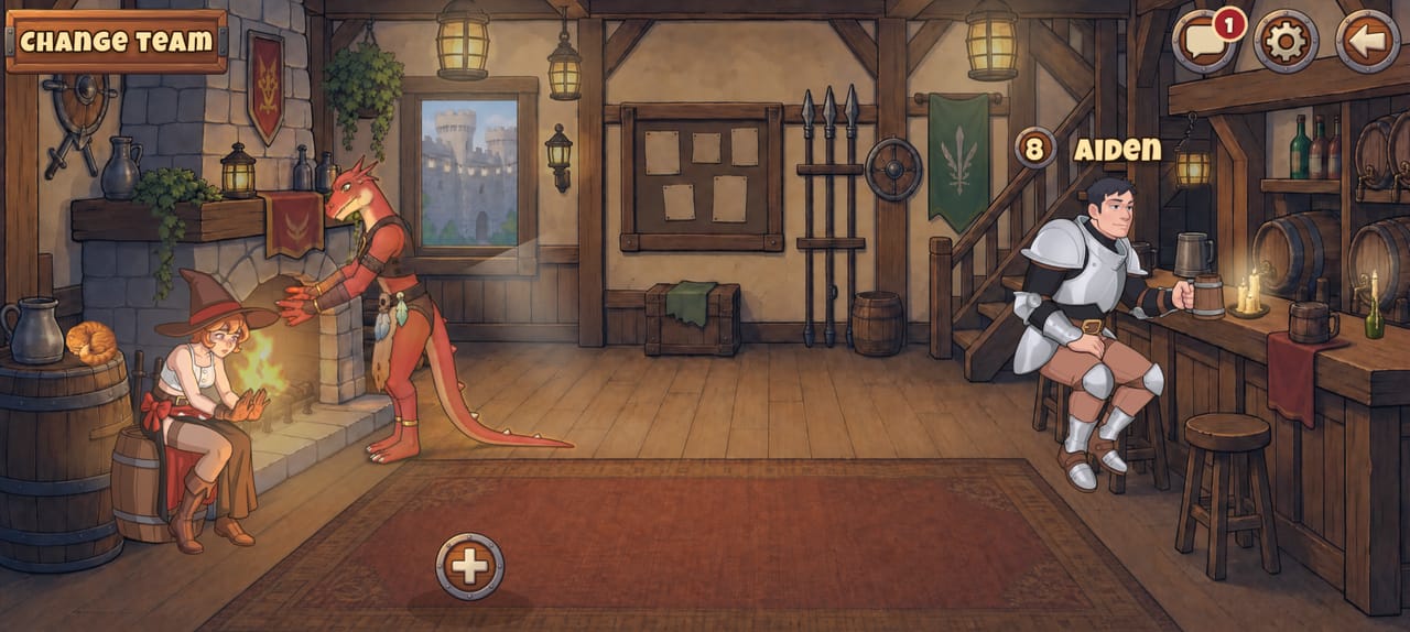 The tavern in the game: Lucy sits by the fireplace, Weppy stands beside her, and Aiden sits at the bar with a tankard. Aiden’s name and level appear above him, and the golden plus on the rug marks a free spot in the party.