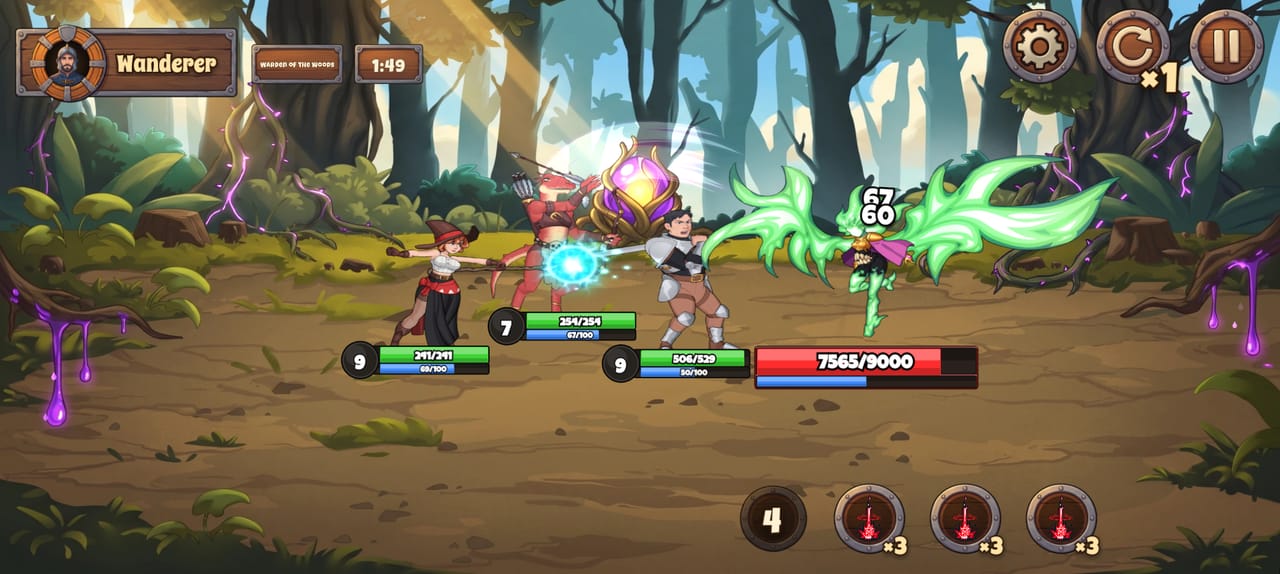 Map 1-10, deep in the forest: Aiden, Lucy and Weppy fight Shiante, Warden of the Forest, with her green wings. The current HUD, status bars and spell buttons are visible.