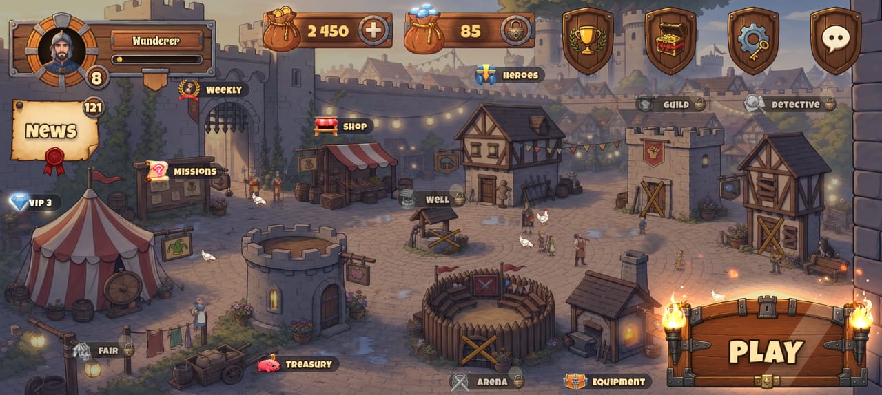 The fortress courtyard: a fair tent, a shop with a striped awning, the tavern, the noticeboard, the treasury and the arena around a cobbled square, pigeons over the rooftops, and a big Play button in the corner.