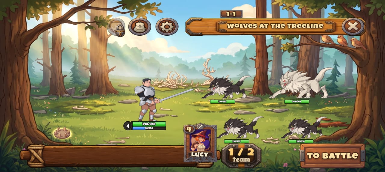 Getting ready for map 1-1: Aiden stands in formation, while Lucy’s card with a level 4 plate waits in the hand. Enemies, the party counter and the battle button are visible.