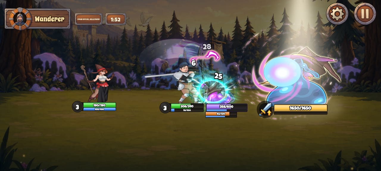 Boss fight: Flynn conjures a purple orb, Aiden fights the guards, and Lucy stands behind with her staff. The current health bars appear below the characters.