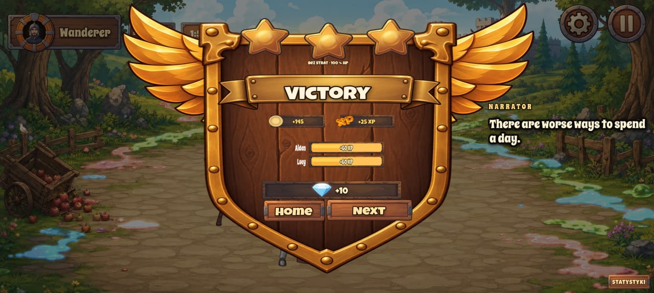 The victory screen after map 0-2: three stars, gold and experience for Aiden and Lucy, and 10 diamonds for clearing the map for the first time.